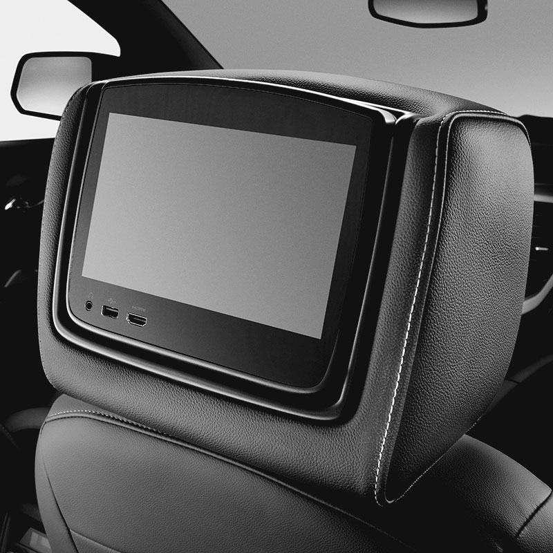 Acadia Rear Seat Infotainment System, DVD Player, Headrest LCD Monitors, Jet Black Leather, Shale Stitching, Denali Logo