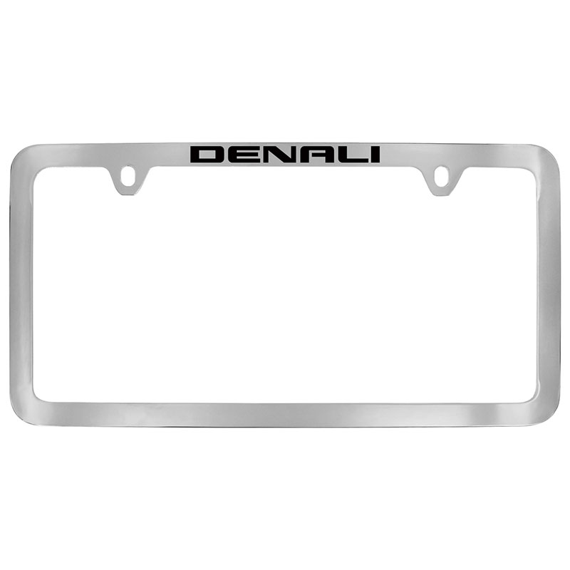 2021 Yukon License Plate Frame |  Chrome with Black Denali Logo |  Thin Frame