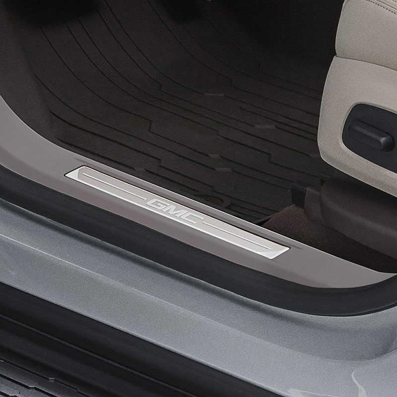 2021 Acadia Front Door Sill Plates, Light Ash Gray, Stainless Steel, Embossed GMC Logo