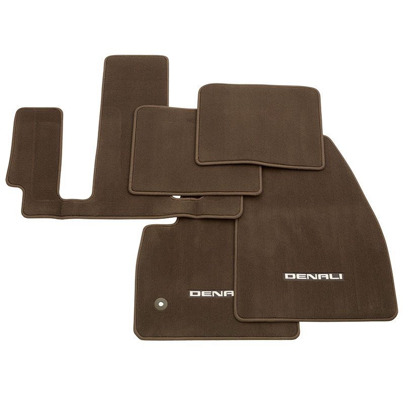 2018 Acadia Denali Floor Mats | Carpeted Replacement in Cocoa | 2nd Row Captain's Chairs | Denali Logo