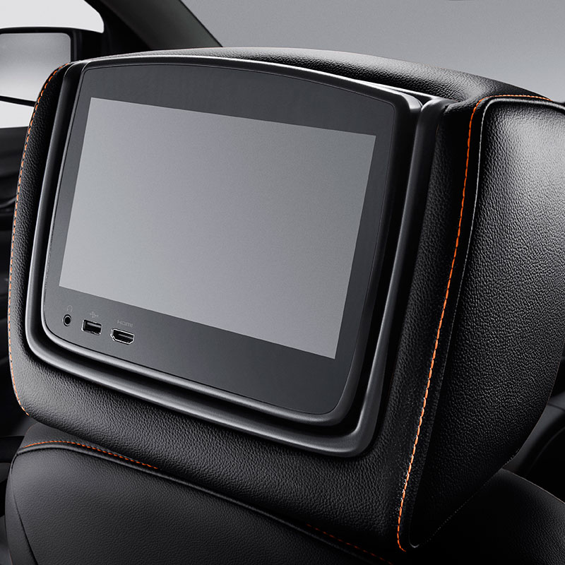 2021 Acadia Rear Seat Infotainment System, Headrest LCD Monitors, Jet Black Leather with Kalahari Stitch and AT4 Logo