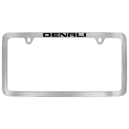 2021 Yukon License Plate Frame |  Chrome with Black Denali Logo |  Thin Frame