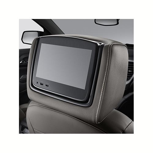 Acadia Rear Seat Infotainment System | Headrest LCD Monitors | Dark Galvanized Leather with Shale Stitch and Embroidered Denali Logo