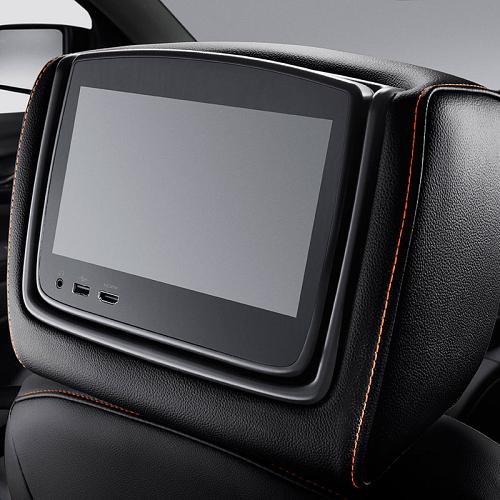 Acadia Rear Seat Infotainment System | Headrest LCD Monitors | Jet Black Leather with Kalahari Stitch and AT4 Logo
